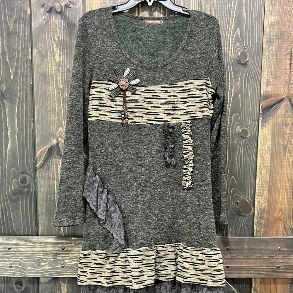 Brown Black Boho Mixed Media Boho Mini Dress L Earth Tone Woodland Goblincore